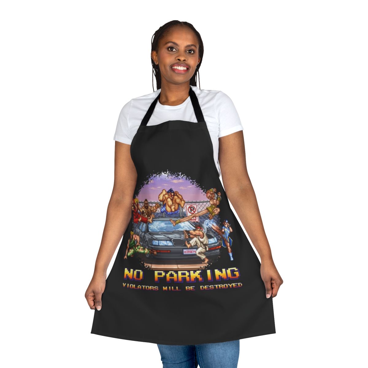 An apron with a retro 8-bit design featuring the text "No Parking Violators Will Be Destroyed"