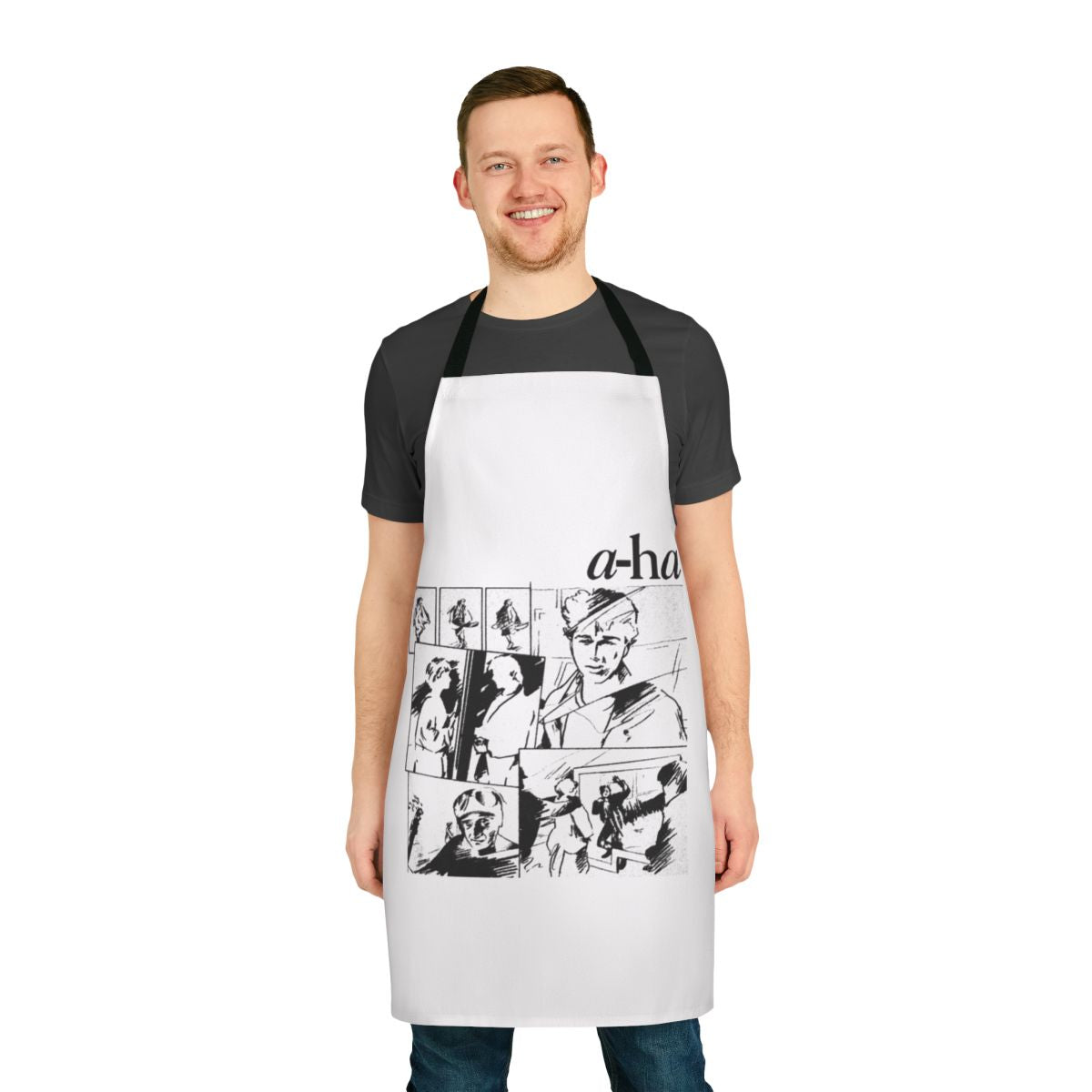 Retro 80s inspired apron featuring the iconic A-ha "Take On Me" lyrics and design