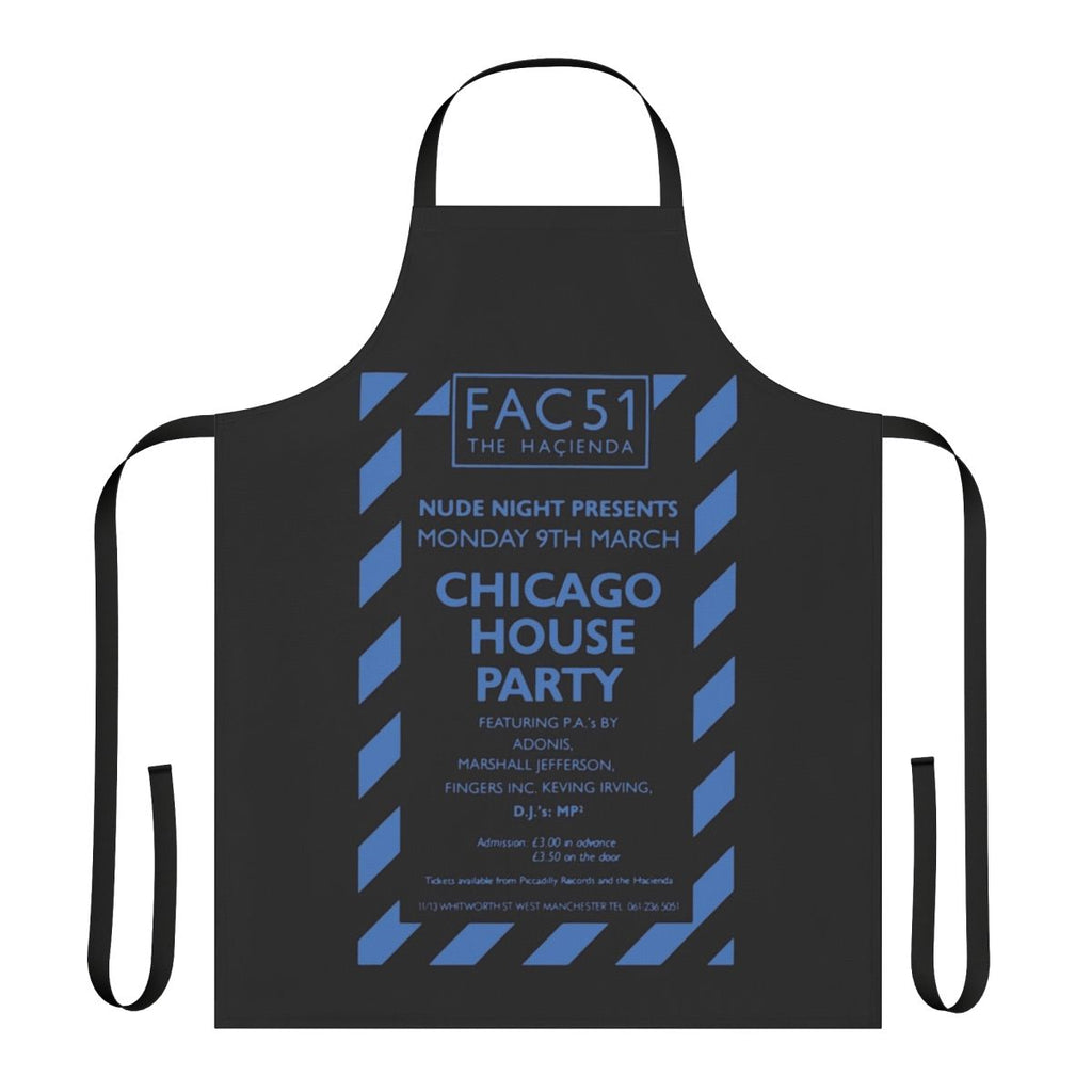 Retro 80s acid house party apron inspired by the legendary Hacienda nightclub in Chicago, 1987.