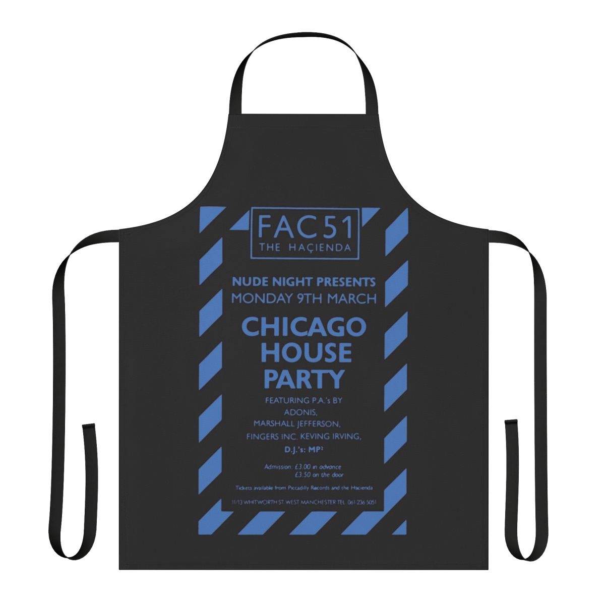 Retro 80s acid house party apron inspired by the legendary Hacienda nightclub in Chicago, 1987.