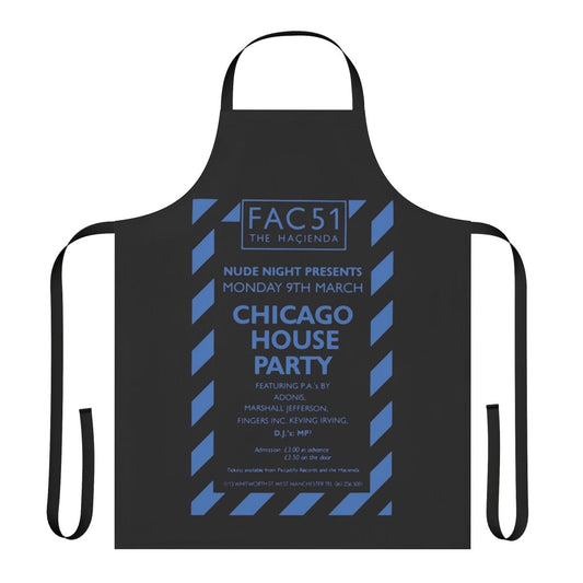 Retro 80s acid house party apron inspired by the legendary Hacienda nightclub in Chicago, 1987.