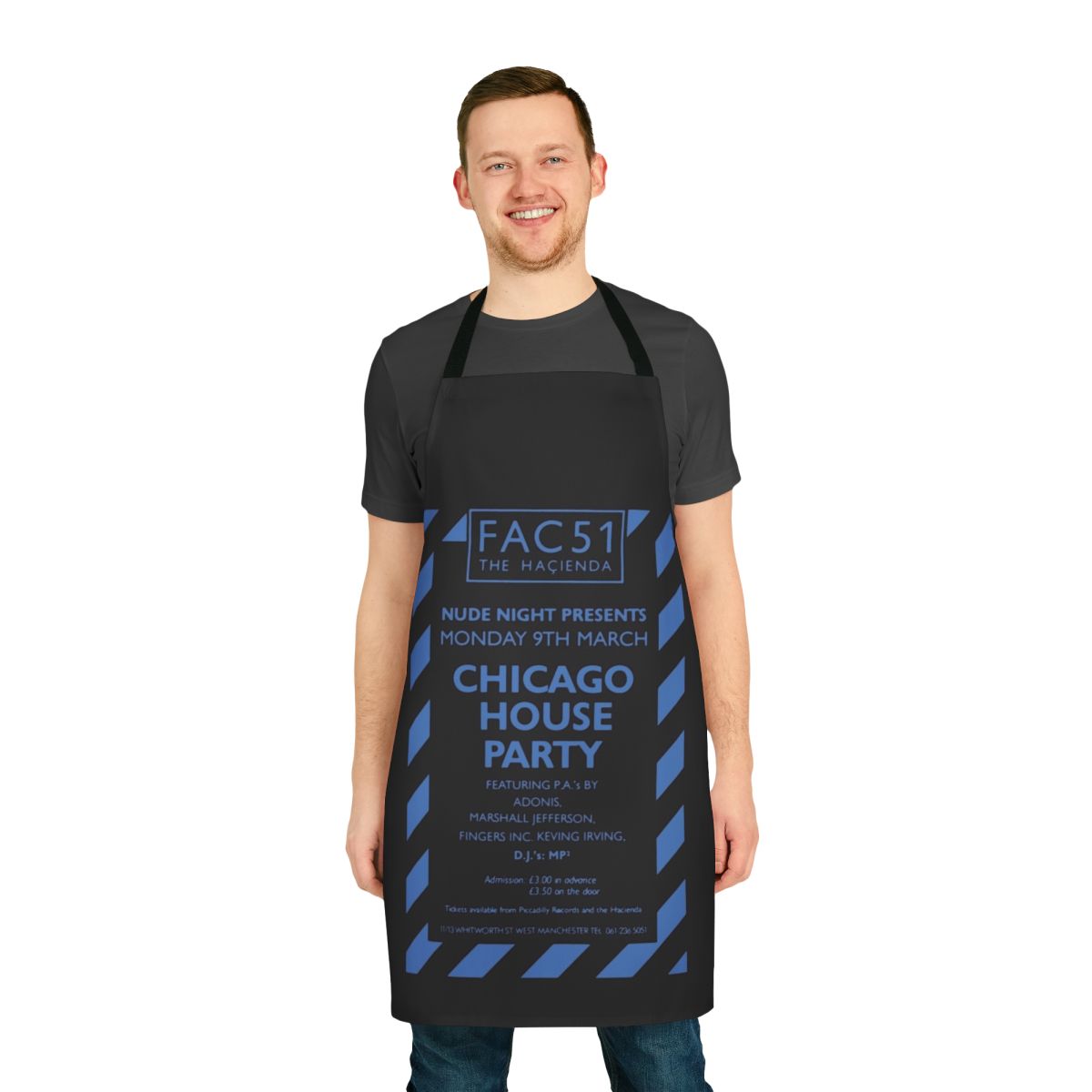 Retro 80s acid house party apron inspired by the legendary Hacienda nightclub in Chicago, 1987.