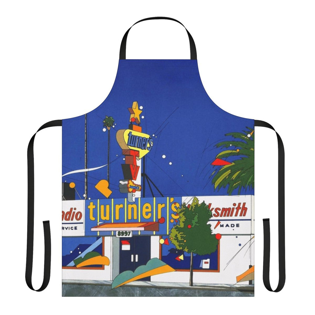 Apron with colorful vaporwave-style design inspired by 80s Japanese city pop music
