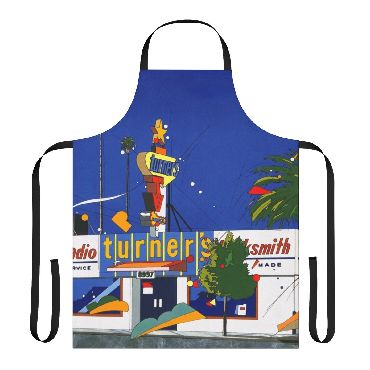 Apron with colorful vaporwave-style design inspired by 80s Japanese city pop music