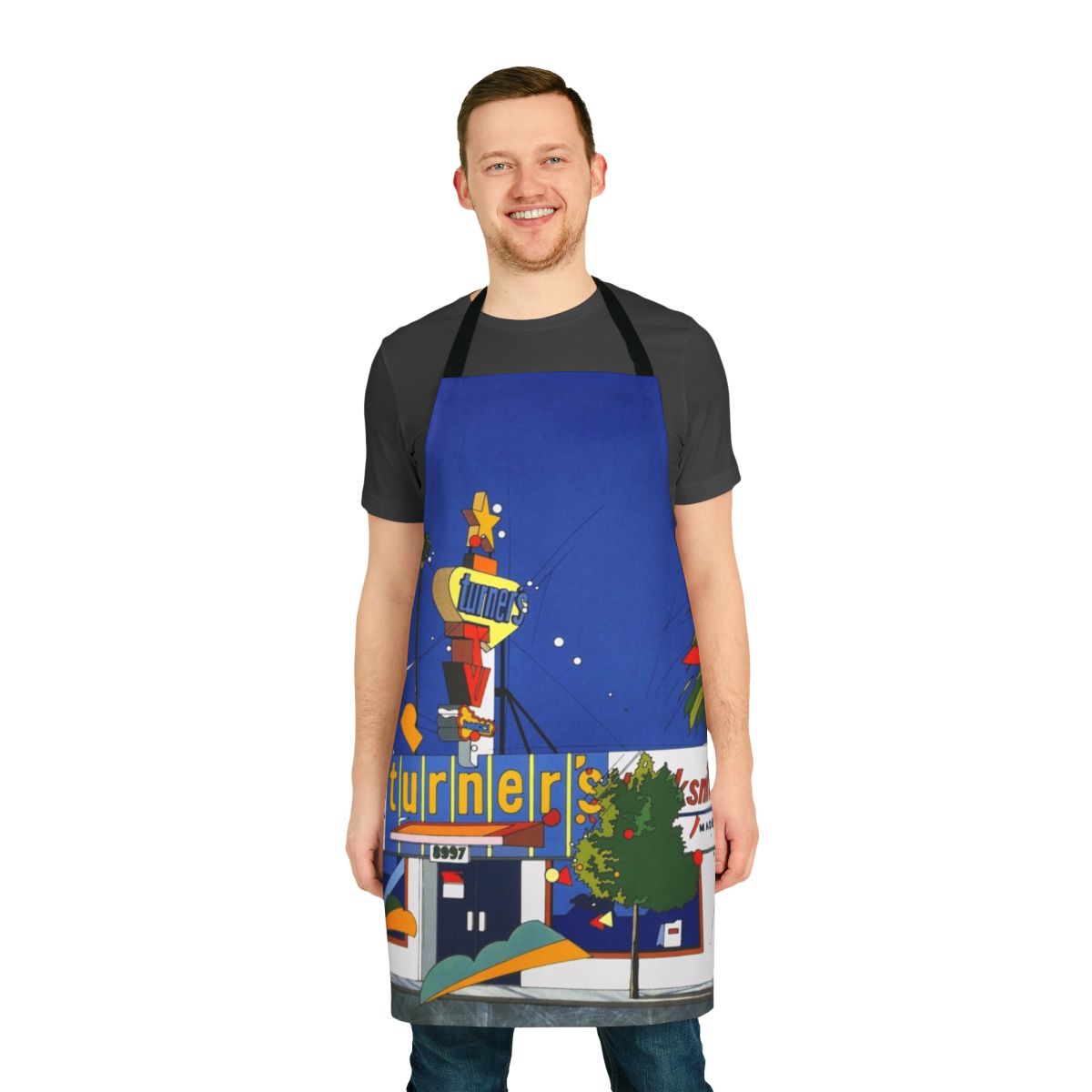 Apron with colorful vaporwave-style design inspired by 80s Japanese city pop music