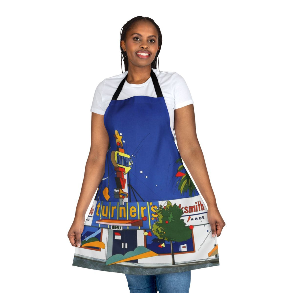 Apron with colorful vaporwave-style design inspired by 80s Japanese city pop music