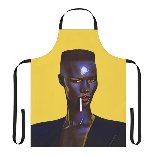 Retro-style apron featuring the iconic Grace Jones, a legendary Jamaican singer, musician, model, and actress.