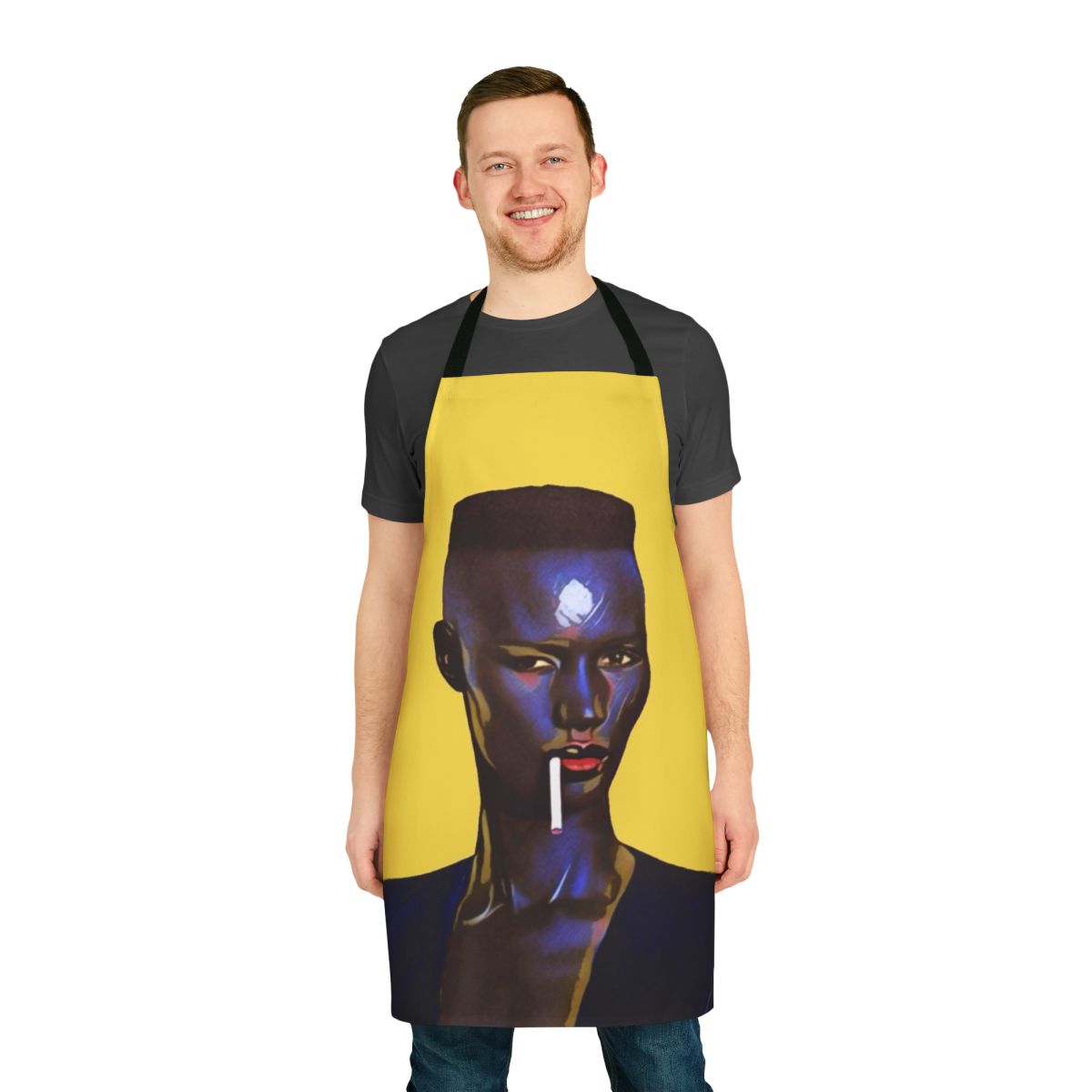 Retro-style apron featuring the iconic Grace Jones, a legendary Jamaican singer, musician, model, and actress.