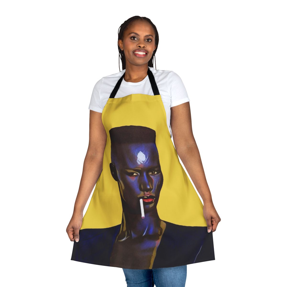 Retro-style apron featuring the iconic Grace Jones, a legendary Jamaican singer, musician, model, and actress.