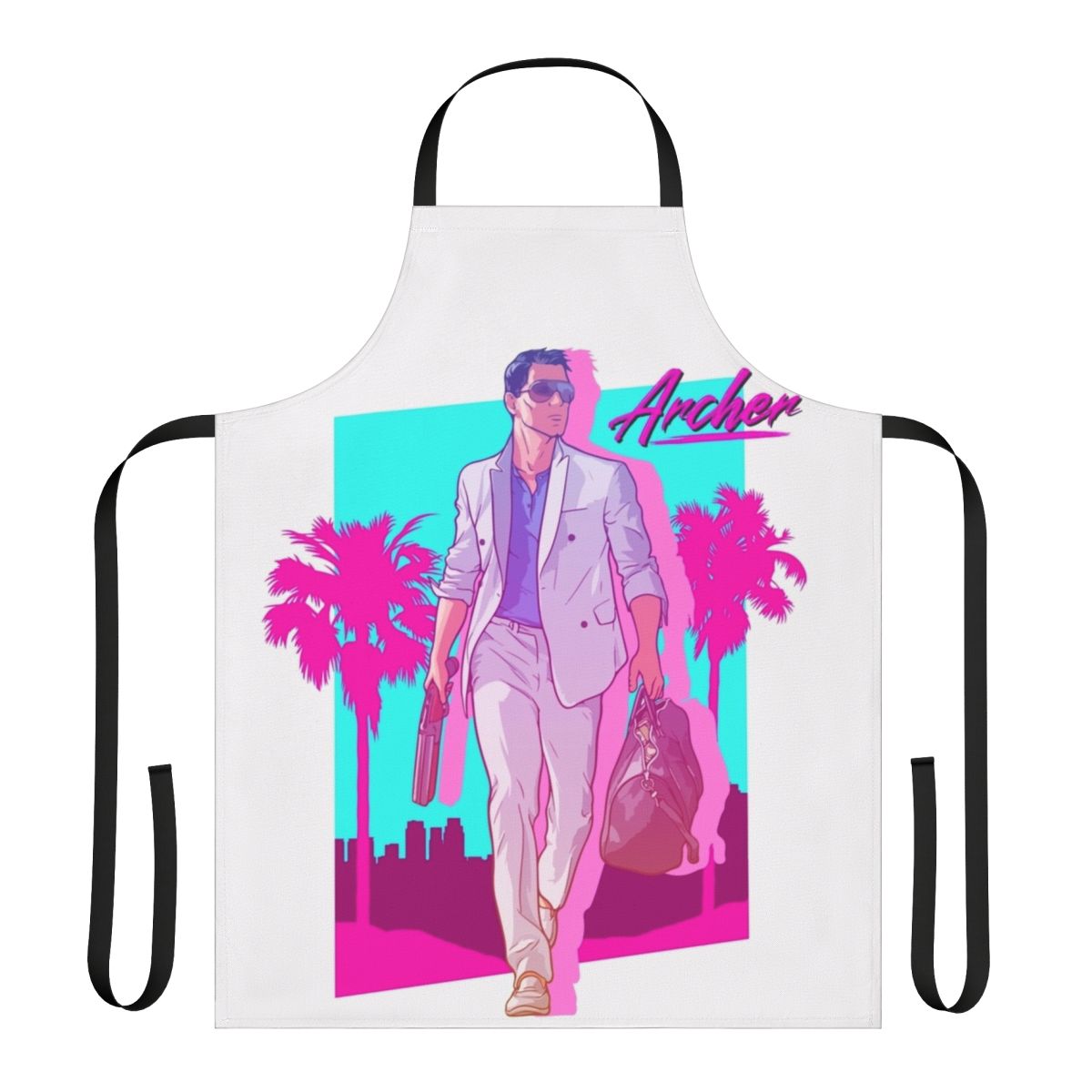 Archer Vice-inspired apron with 1980s synthwave/vaporwave design