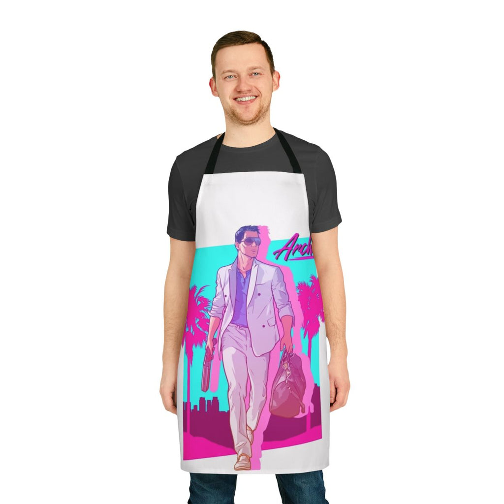 Archer Vice-inspired apron with 1980s synthwave/vaporwave design