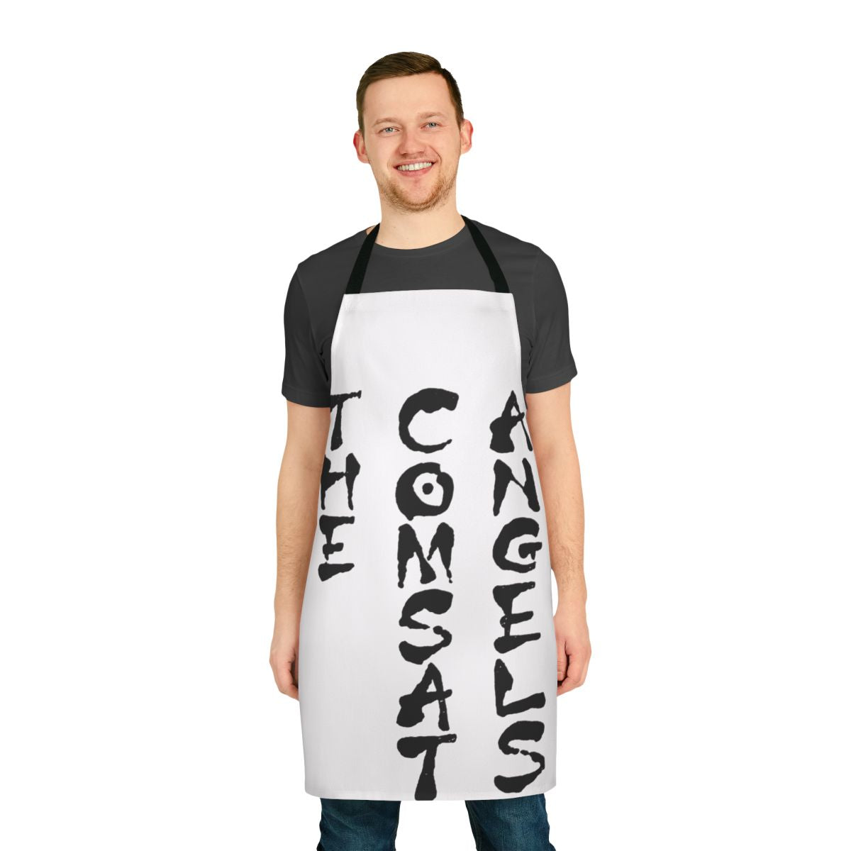 Retro 80s band inspired black and white apron with minimal graffiti-style print