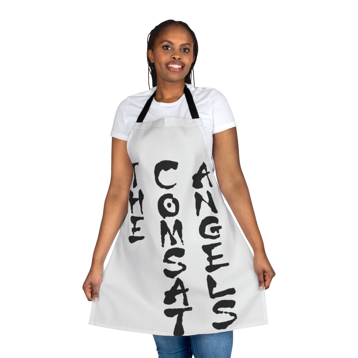 Retro 80s band inspired black and white apron with minimal graffiti-style print