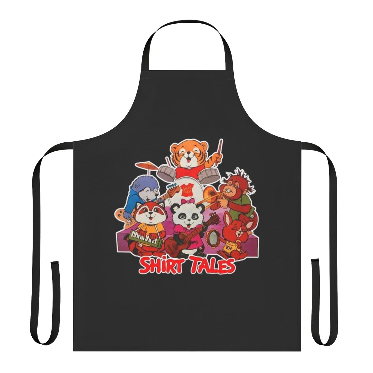 Retro 80s band tribute apron featuring classic cartoon characters