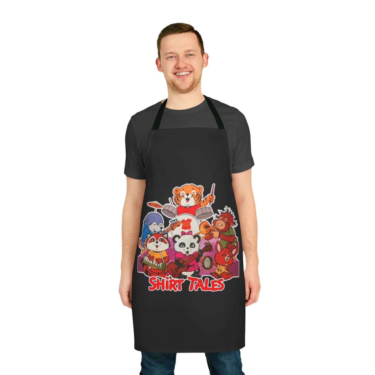 Retro 80s band tribute apron featuring classic cartoon characters