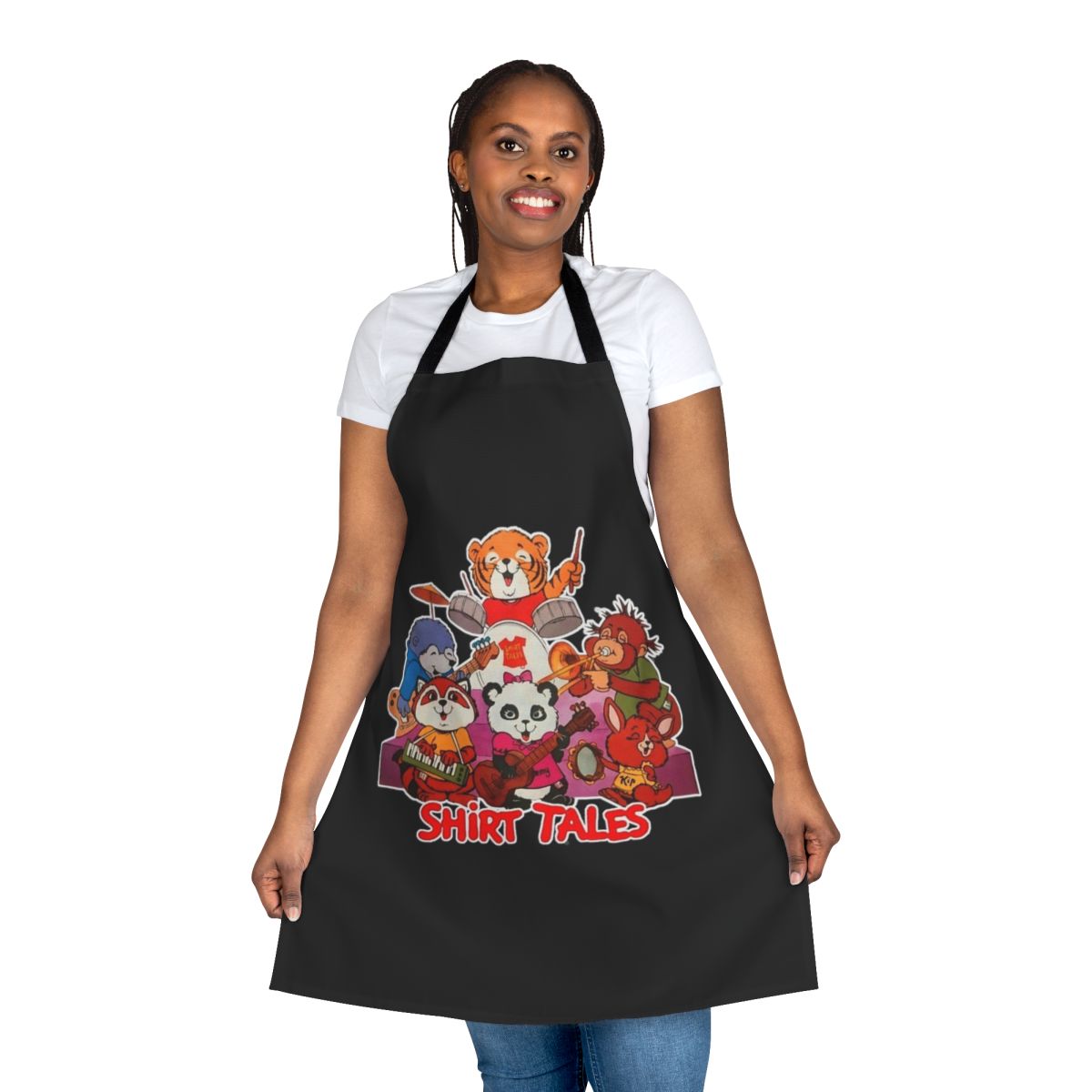 Retro 80s band tribute apron featuring classic cartoon characters