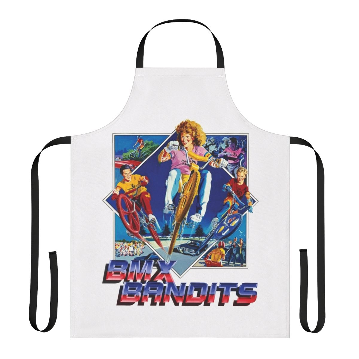 Retro 80s-style apron with BMX bike and racing imagery