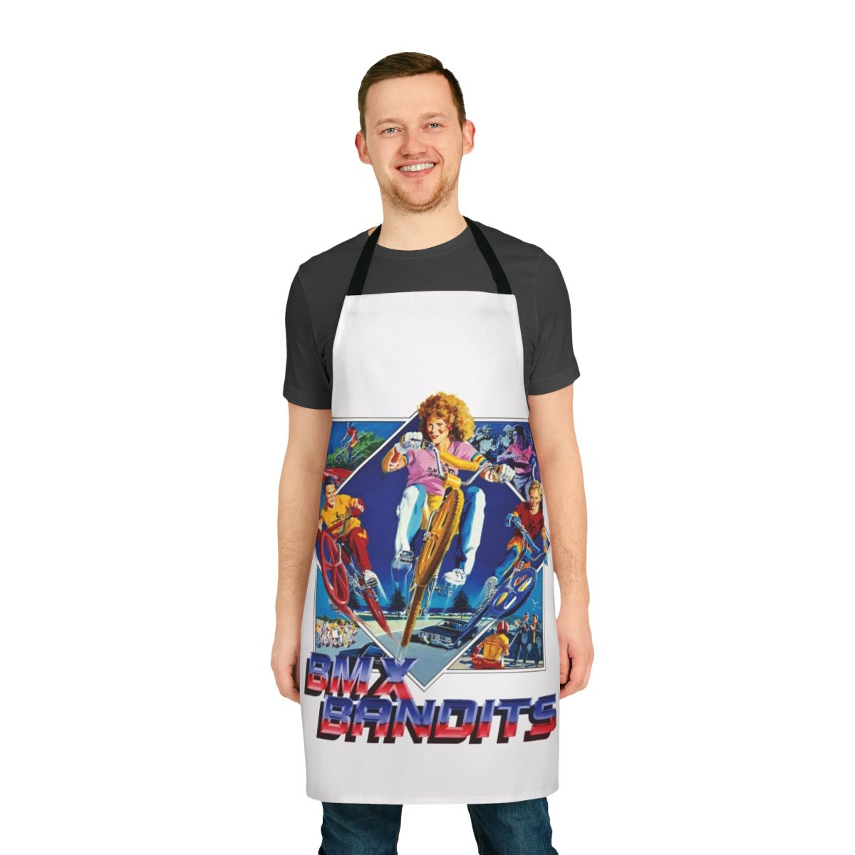 Retro 80s-style apron with BMX bike and racing imagery