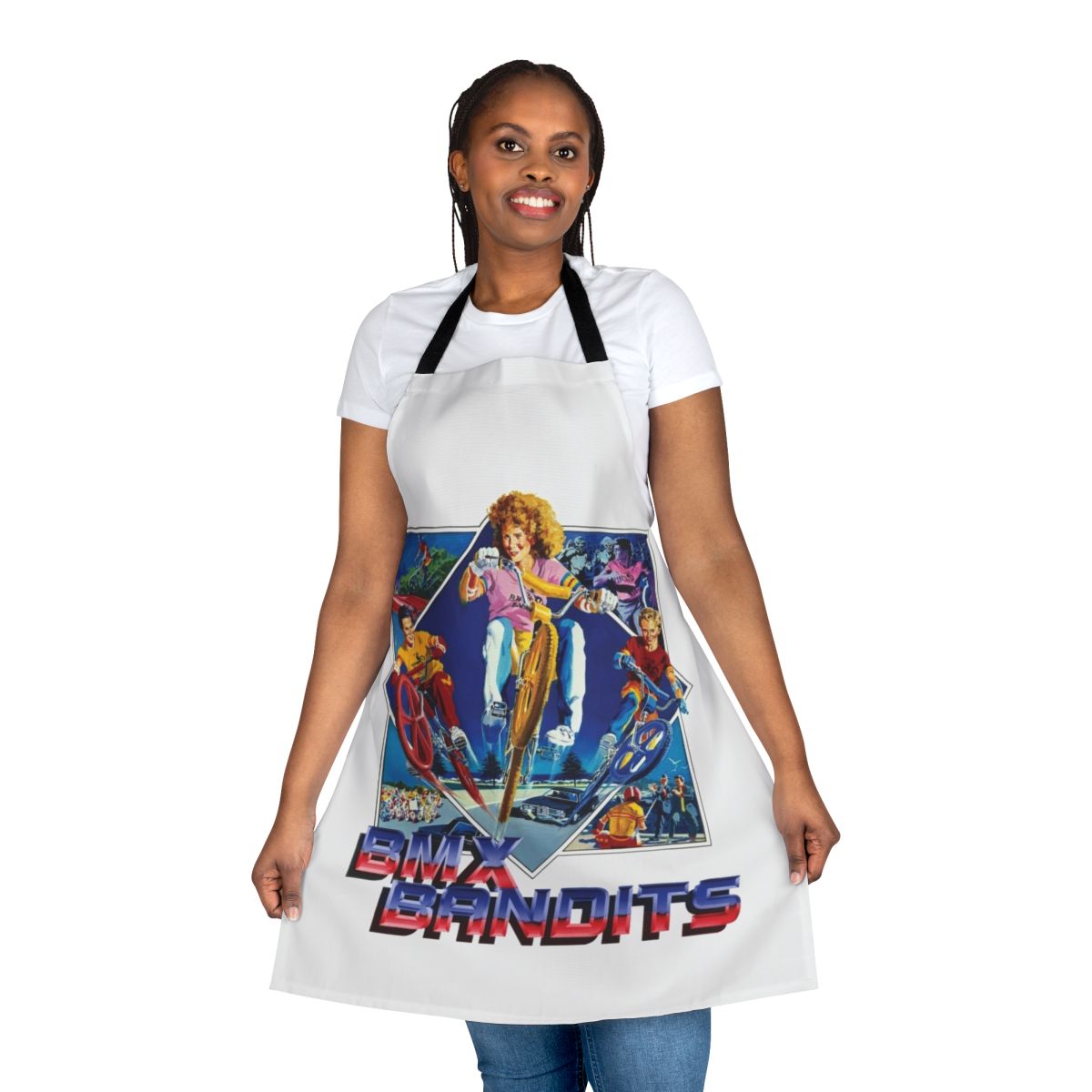 Retro 80s-style apron with BMX bike and racing imagery