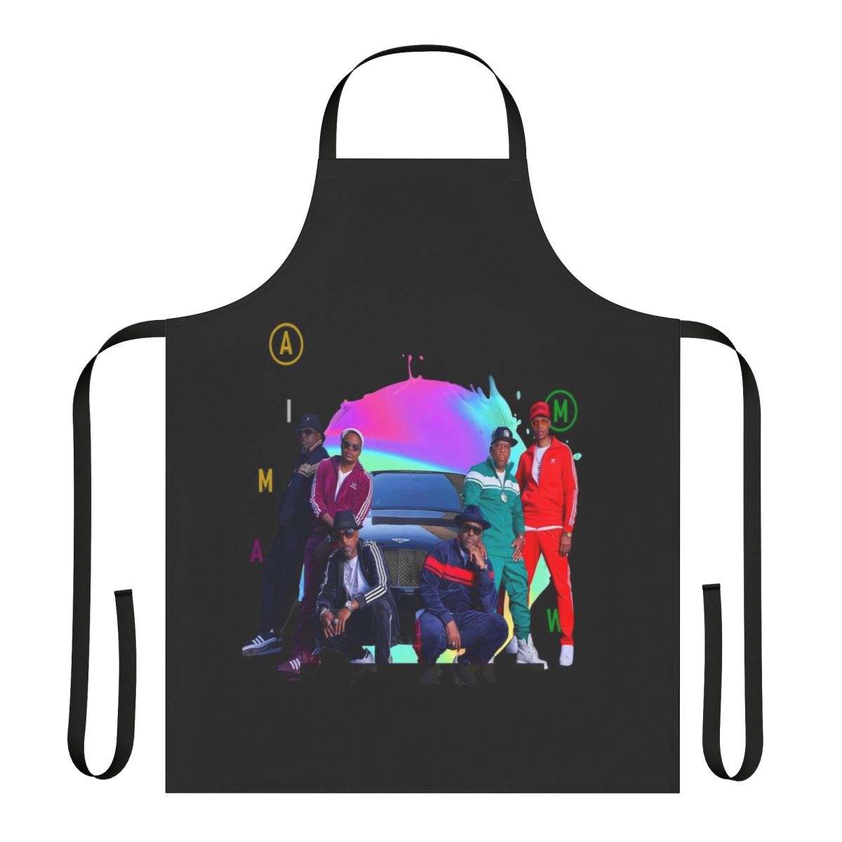 Retro 80s-inspired cartoon design printed on a high-quality white apron