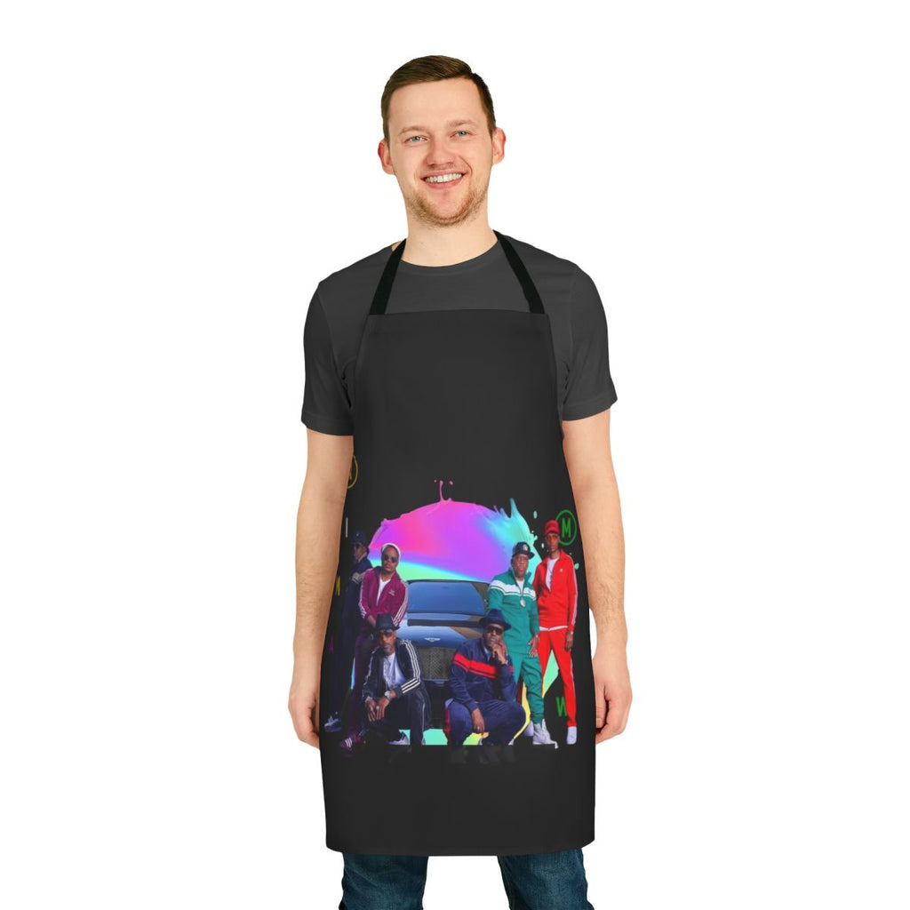 Retro 80s-inspired cartoon design printed on a high-quality white apron