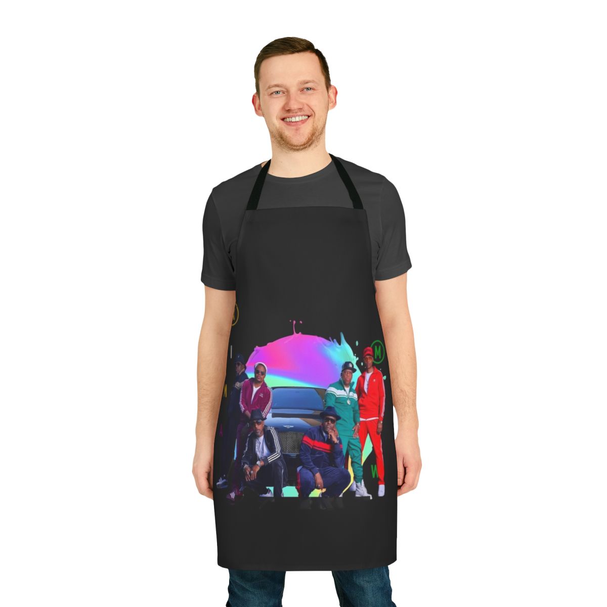 Retro 80s-inspired cartoon design printed on a high-quality white apron