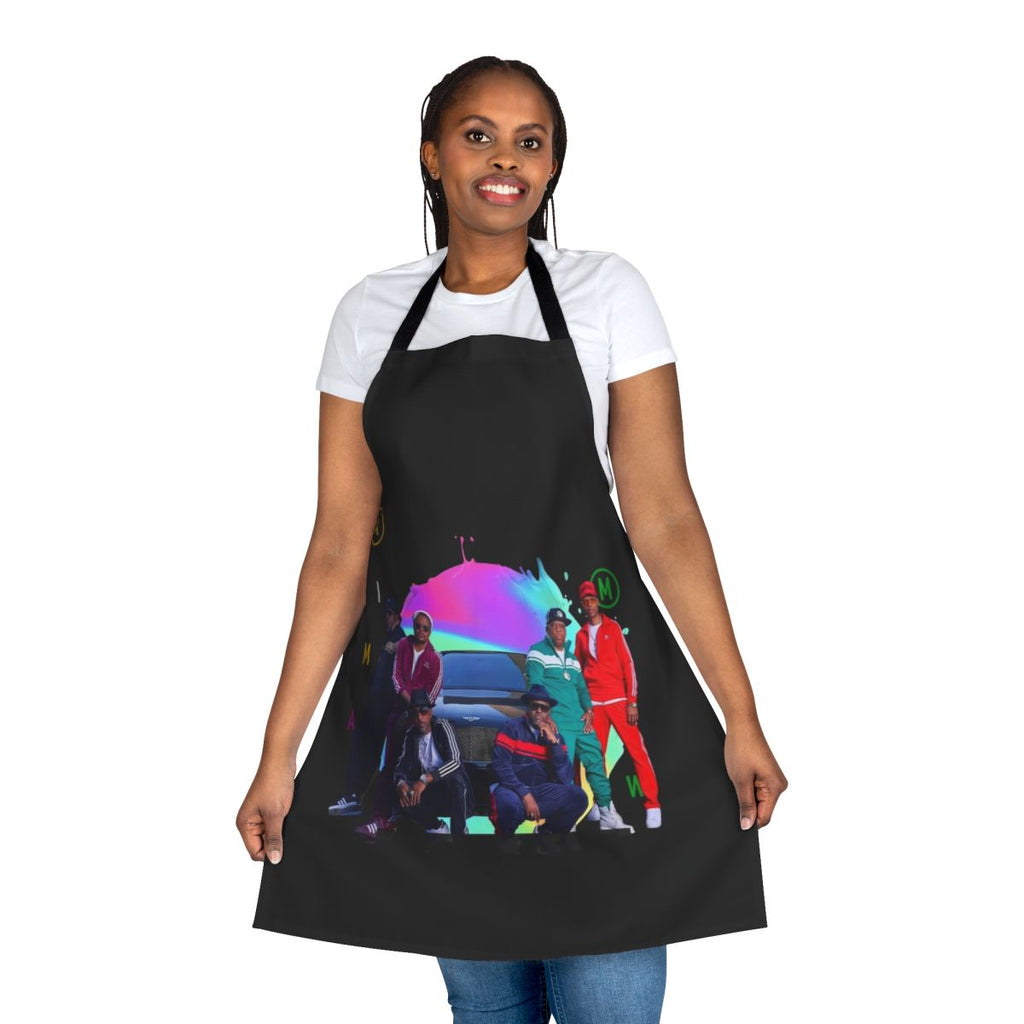 Retro 80s-inspired cartoon design printed on a high-quality white apron