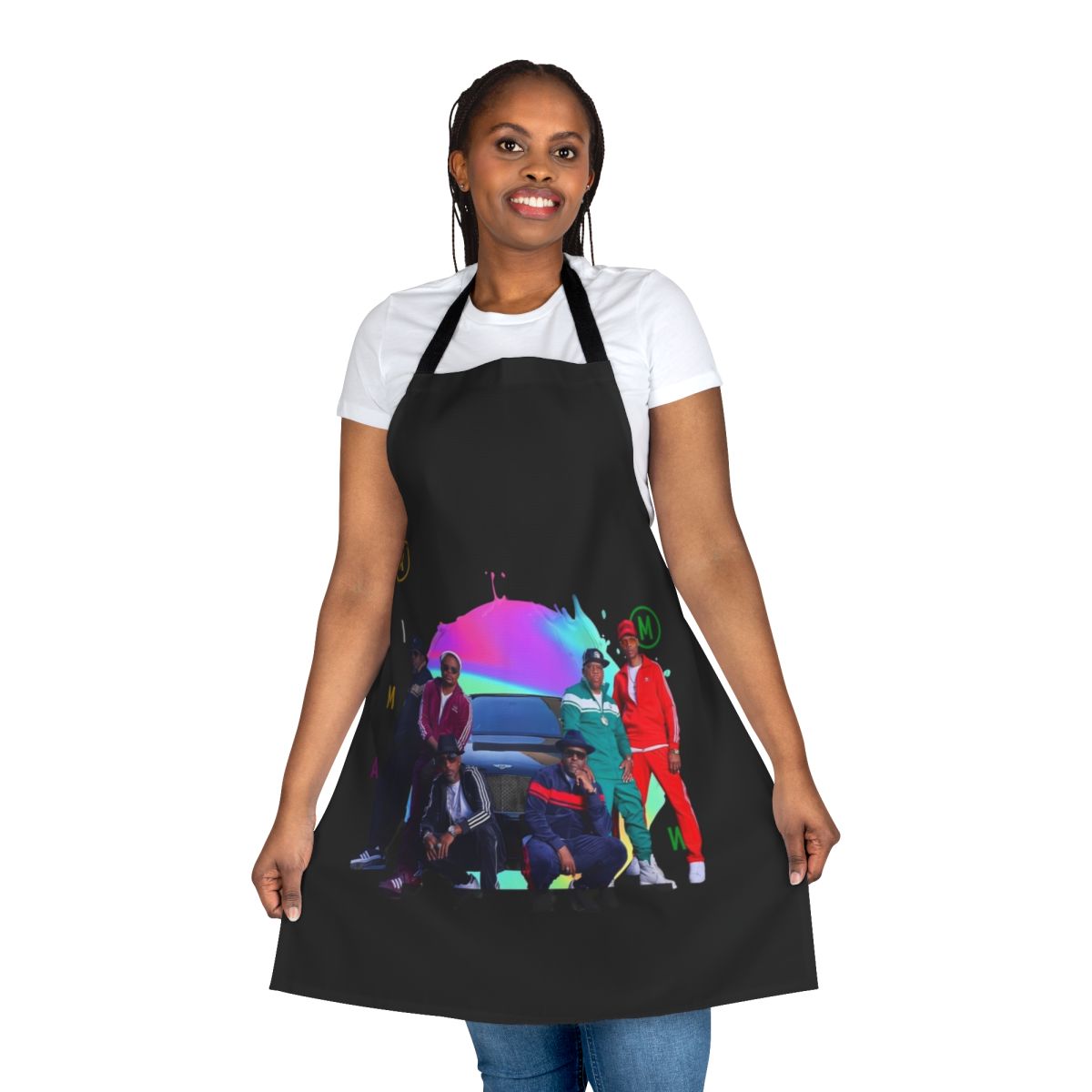 Retro 80s-inspired cartoon design printed on a high-quality white apron