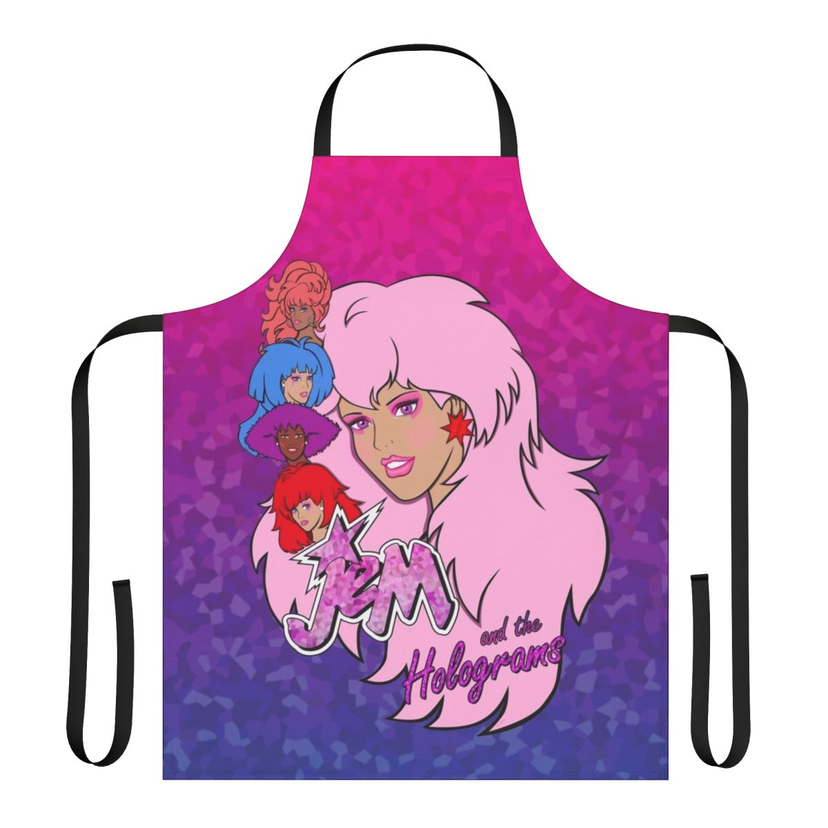 Jem and the Holograms inspired apron featuring the iconic 80s cartoon characters and band