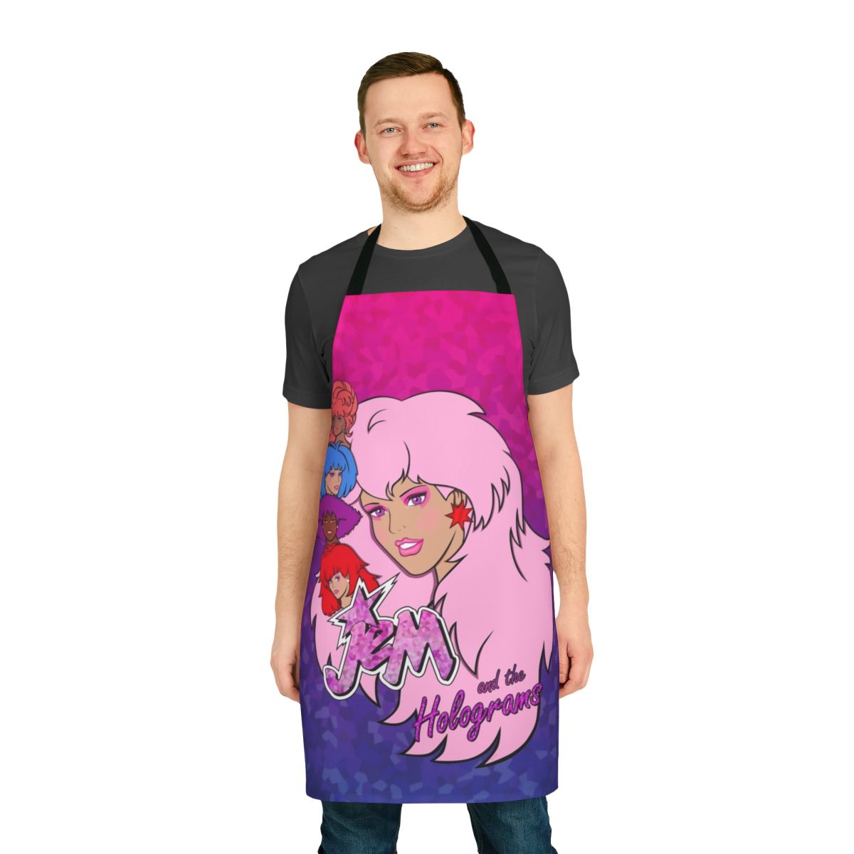 Jem and the Holograms inspired apron featuring the iconic 80s cartoon characters and band