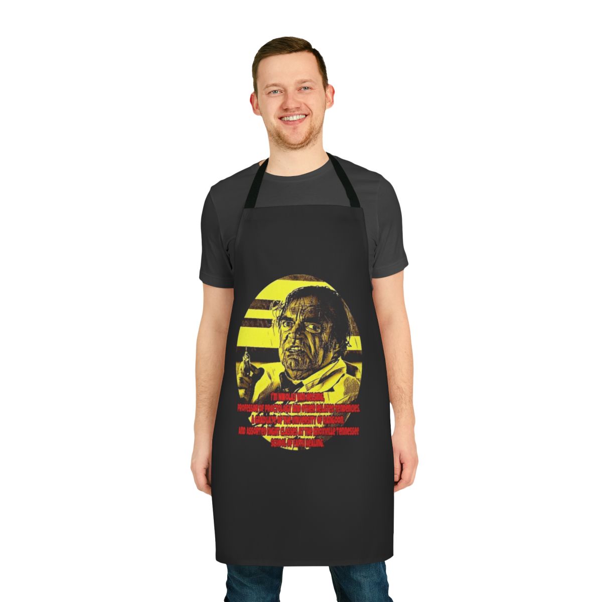 Retro comedy apron featuring Dr. Nikolas Van Helsing from the classic 1980s film Cannonball Run