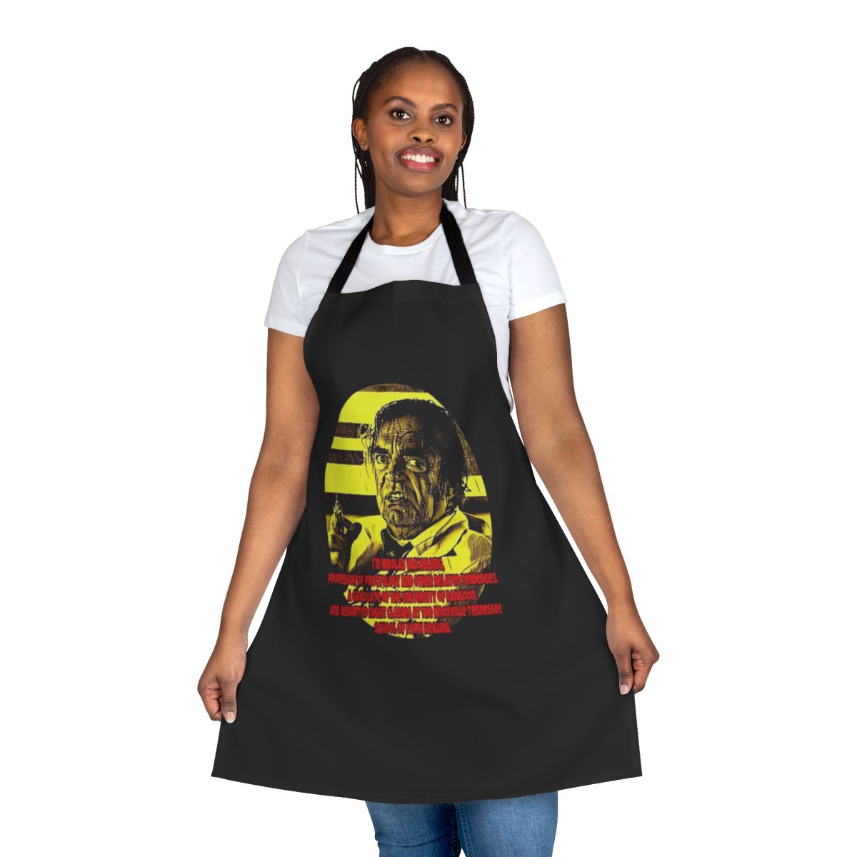 Retro comedy apron featuring Dr. Nikolas Van Helsing from the classic 1980s film Cannonball Run