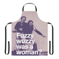 Retro-style apron with a minimalist "Fuzzy Wuzzy" graphic, inspired by classic 80s comedies.