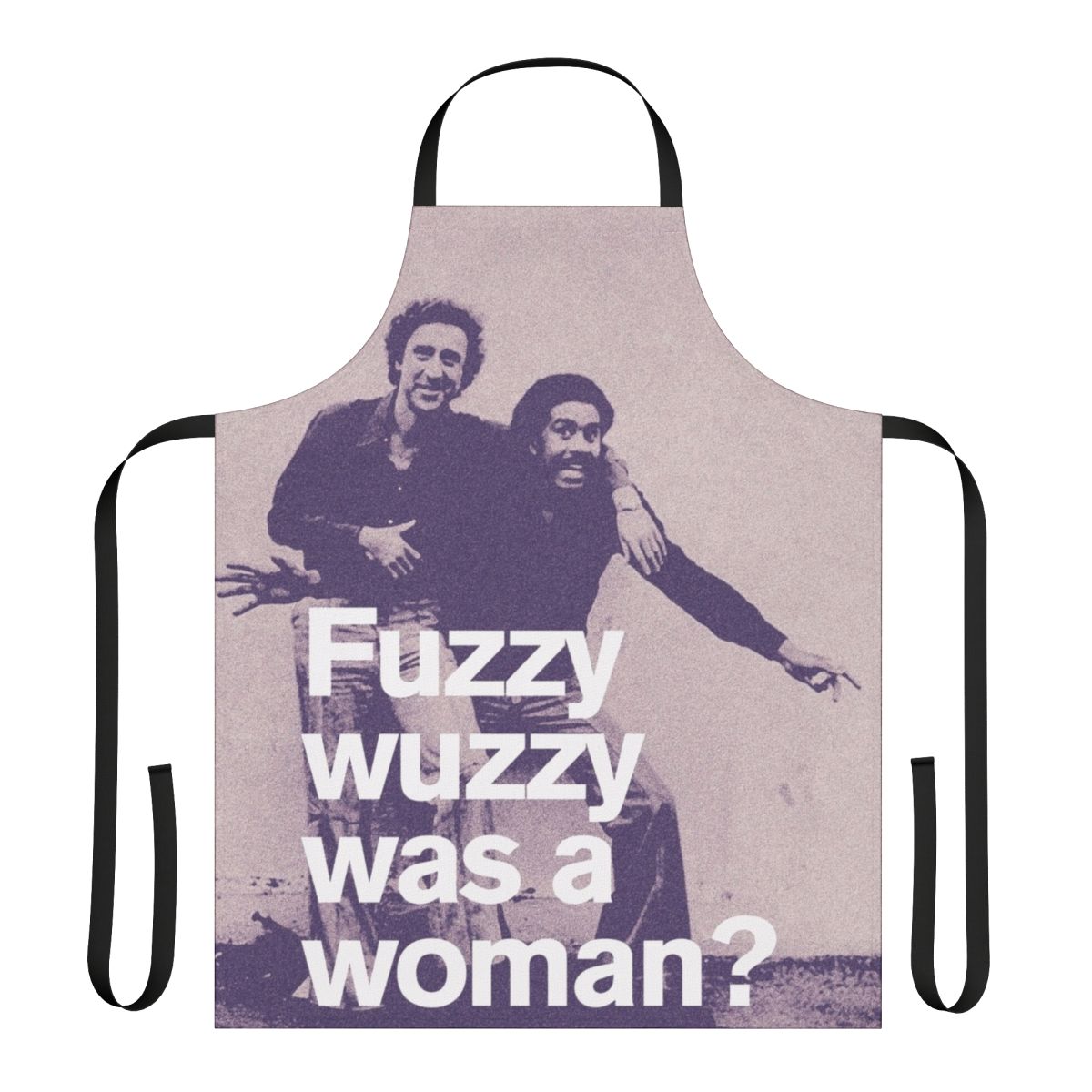 Retro-style apron with a minimalist "Fuzzy Wuzzy" graphic, inspired by classic 80s comedies.