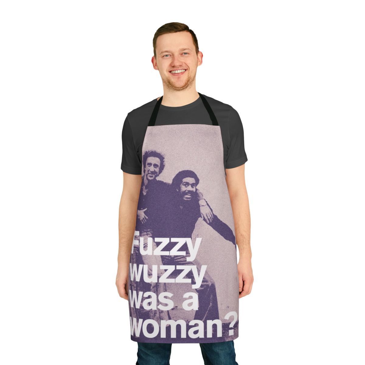 Retro-style apron with a minimalist "Fuzzy Wuzzy" graphic, inspired by classic 80s comedies.
