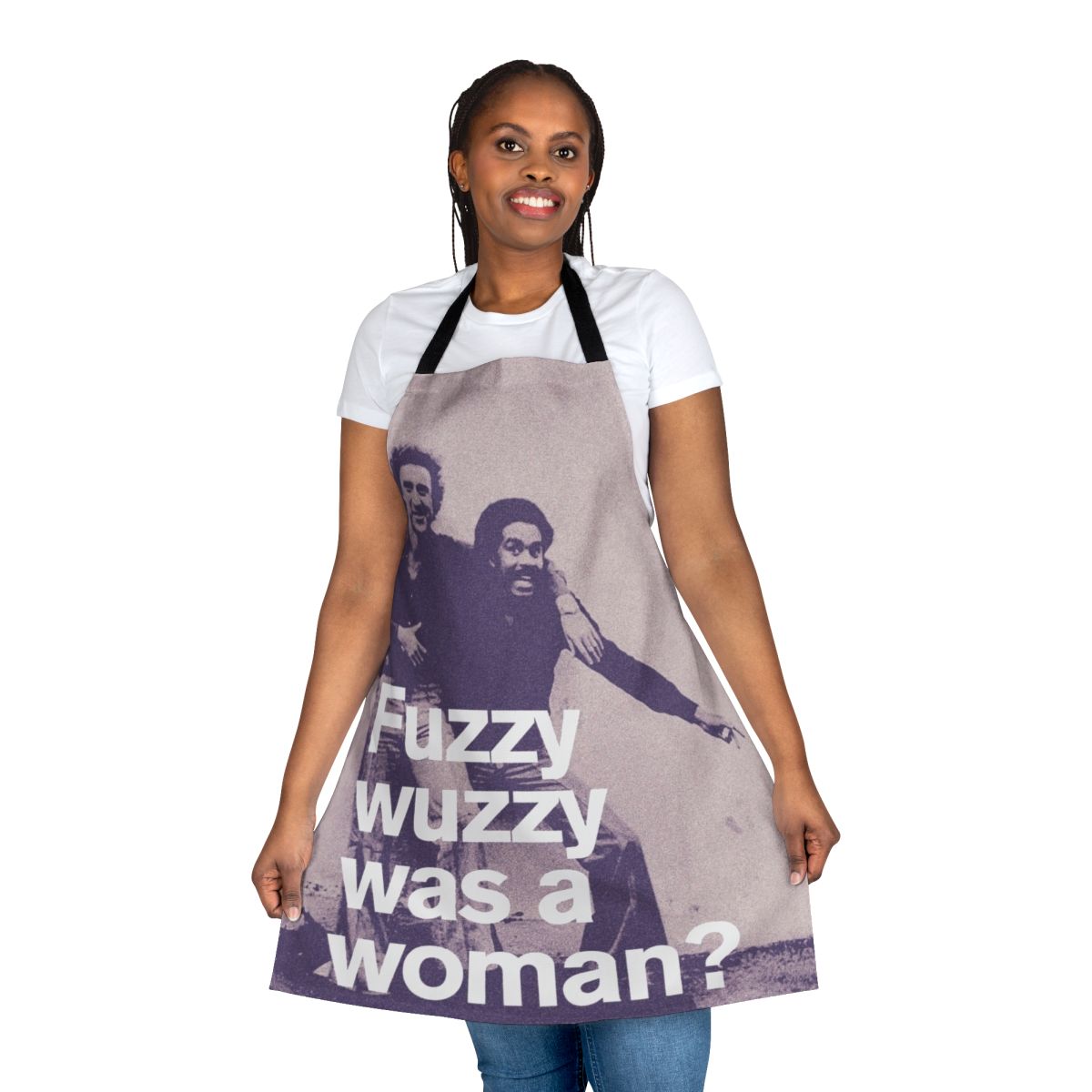 Retro-style apron with a minimalist "Fuzzy Wuzzy" graphic, inspired by classic 80s comedies.
