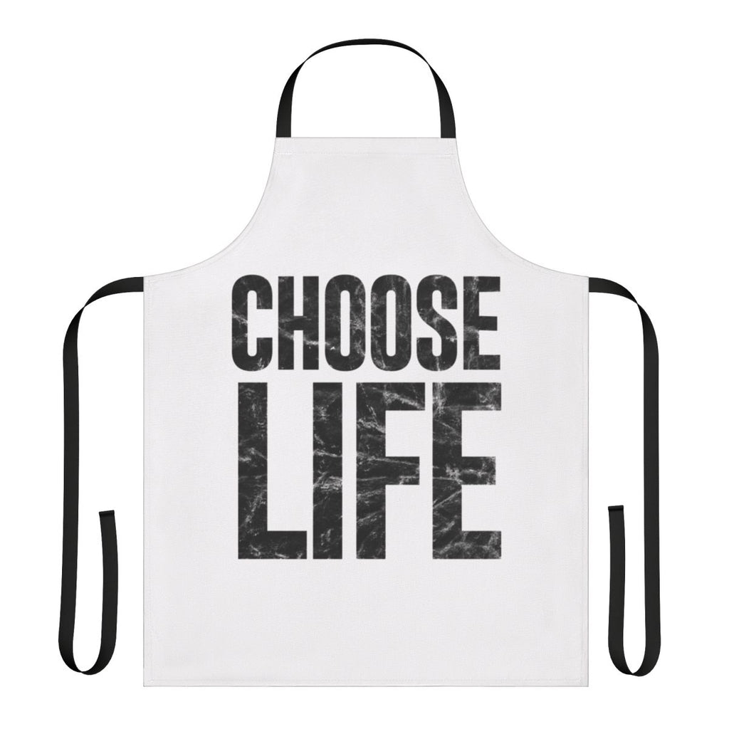 Retro 80s dance-inspired apron with WHAM! and Trainspotting references