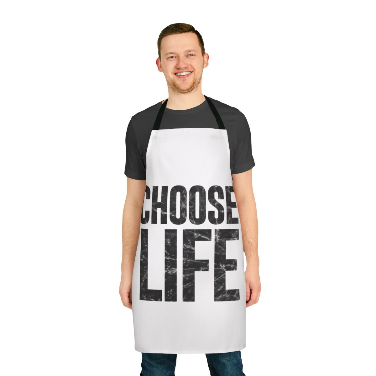 Retro 80s dance-inspired apron with WHAM! and Trainspotting references