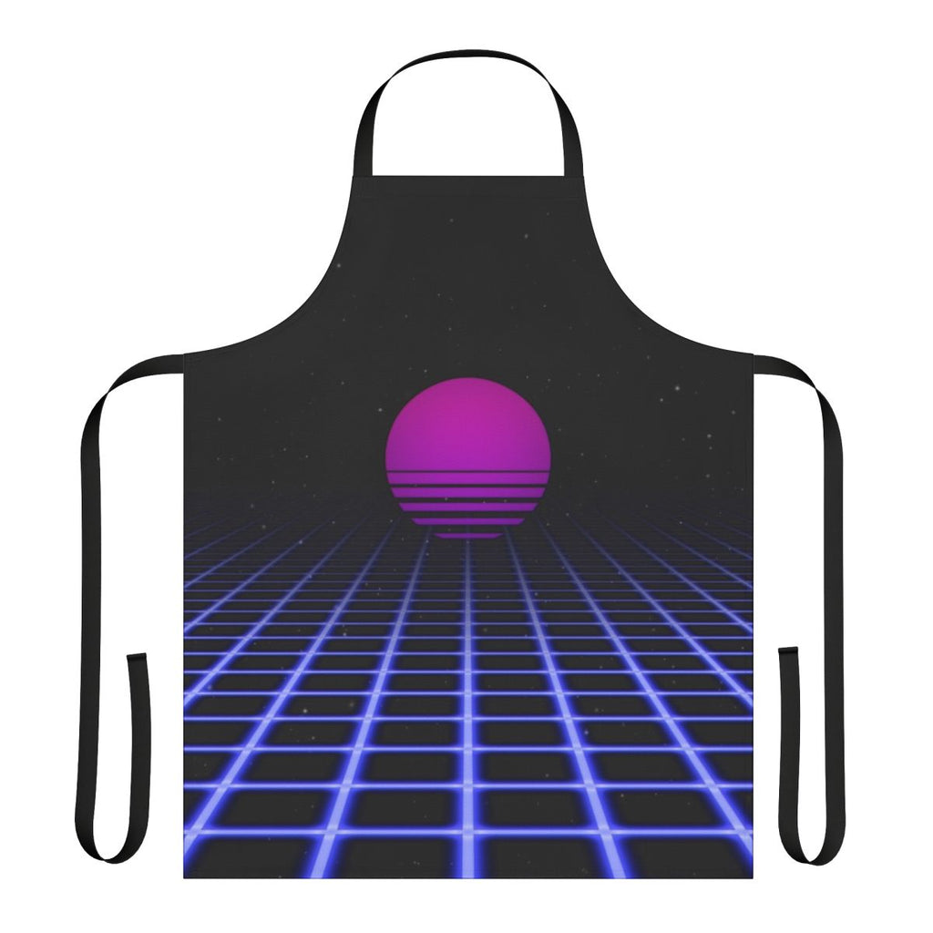 Retro 80s digital sunset aesthetic apron with glowing grid and vaporwave-inspired design