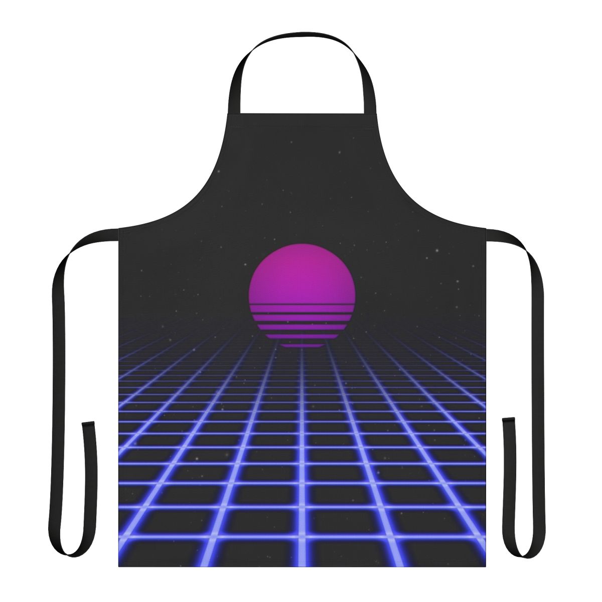 Retro 80s digital sunset aesthetic apron with glowing grid and vaporwave-inspired design