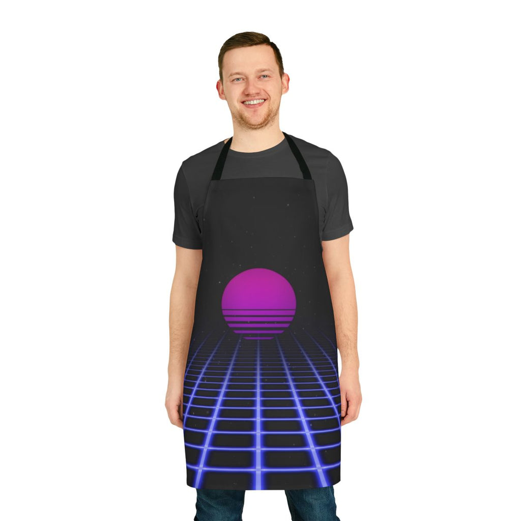 Retro 80s digital sunset aesthetic apron with glowing grid and vaporwave-inspired design