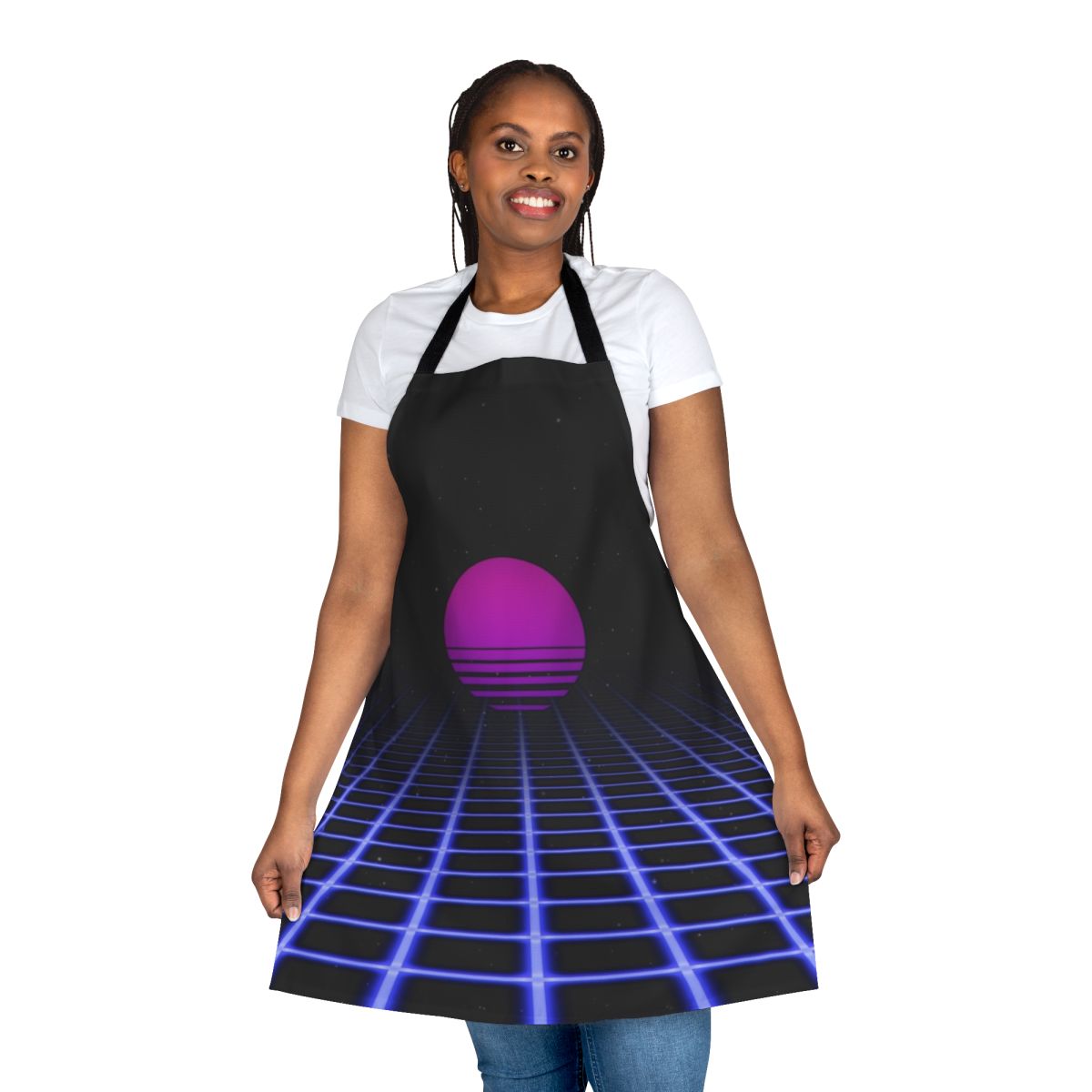 Retro 80s digital sunset aesthetic apron with glowing grid and vaporwave-inspired design