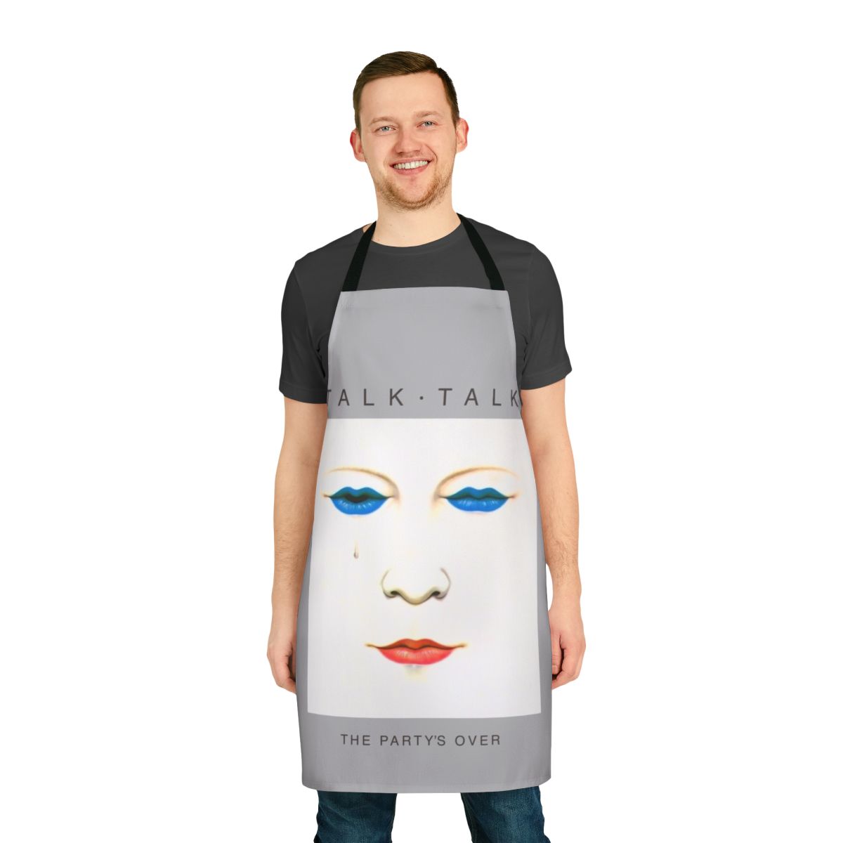 Apron featuring a grey outline design inspired by the 80s post-punk band Talk Talk