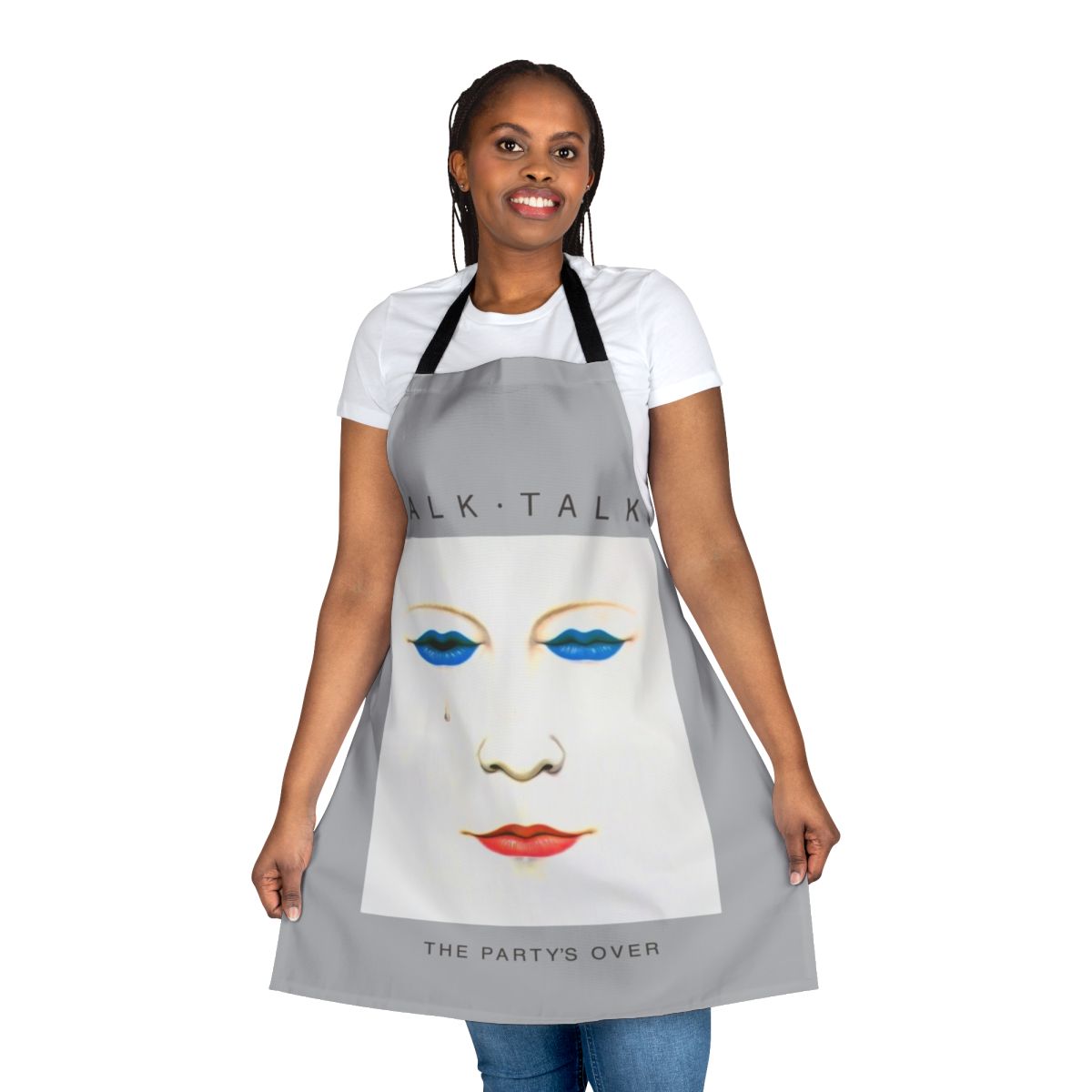 Apron featuring a grey outline design inspired by the 80s post-punk band Talk Talk