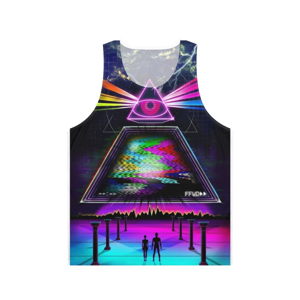 Retro 80s glitch unisex tank top with futuristic space design