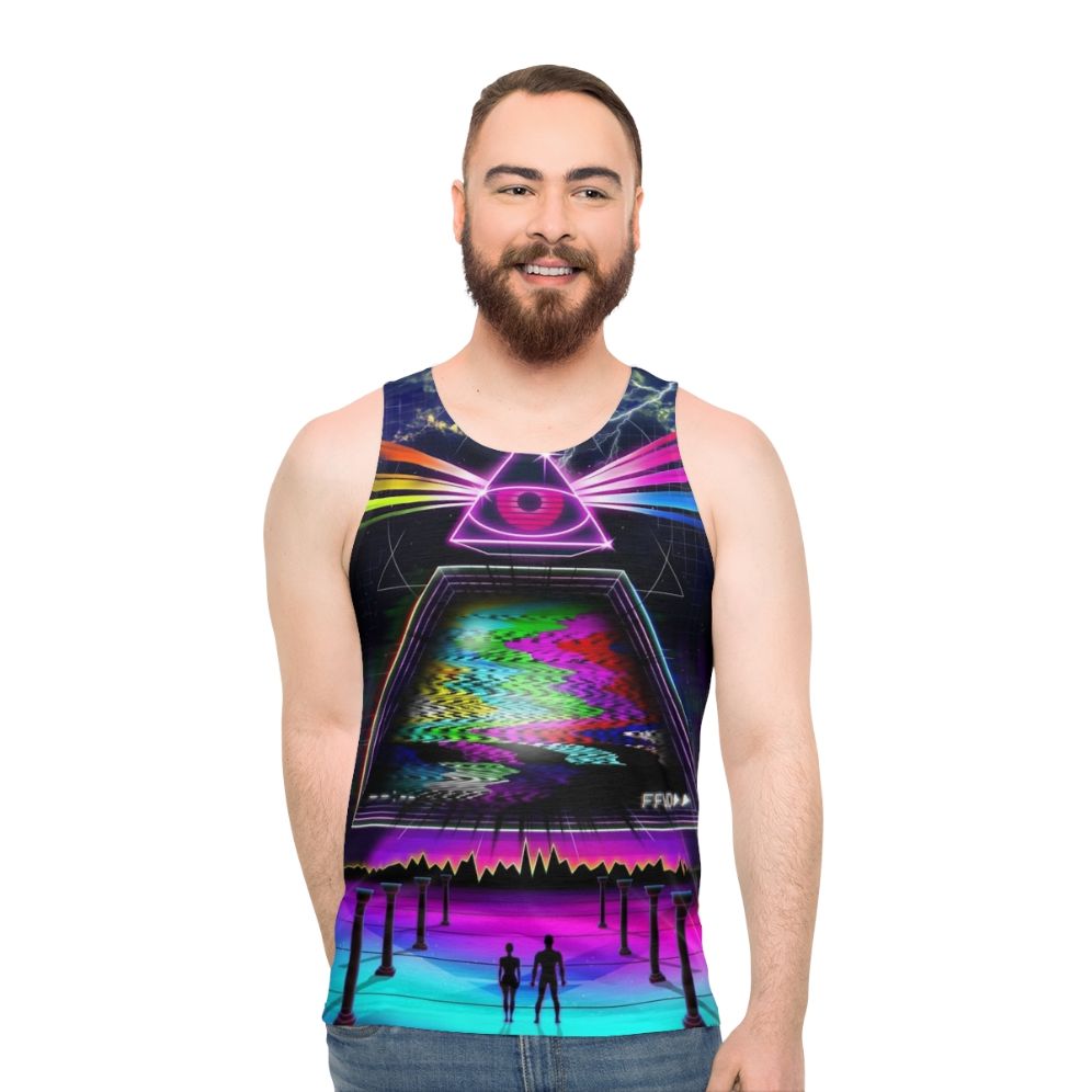 Retro 80s glitch unisex tank top with futuristic space design