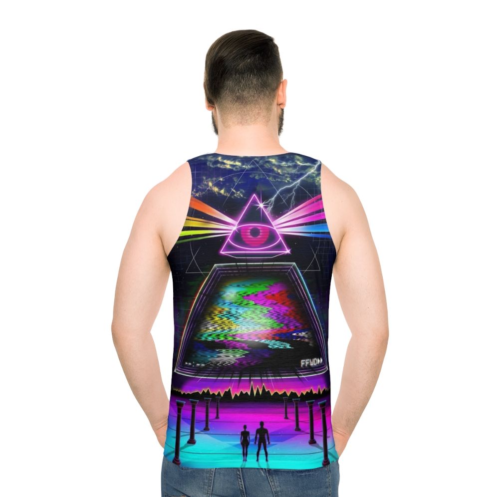 Retro 80s glitch unisex tank top with futuristic space design