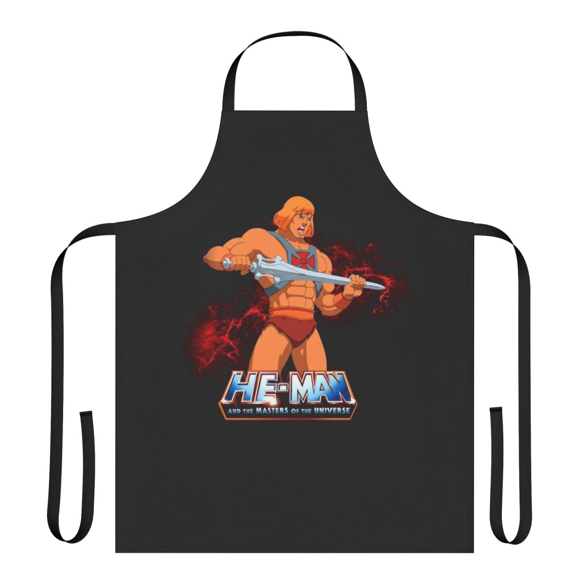 Vintage-style apron featuring characters from the popular 1980s cartoon "He-Man and the Masters of the Universe"