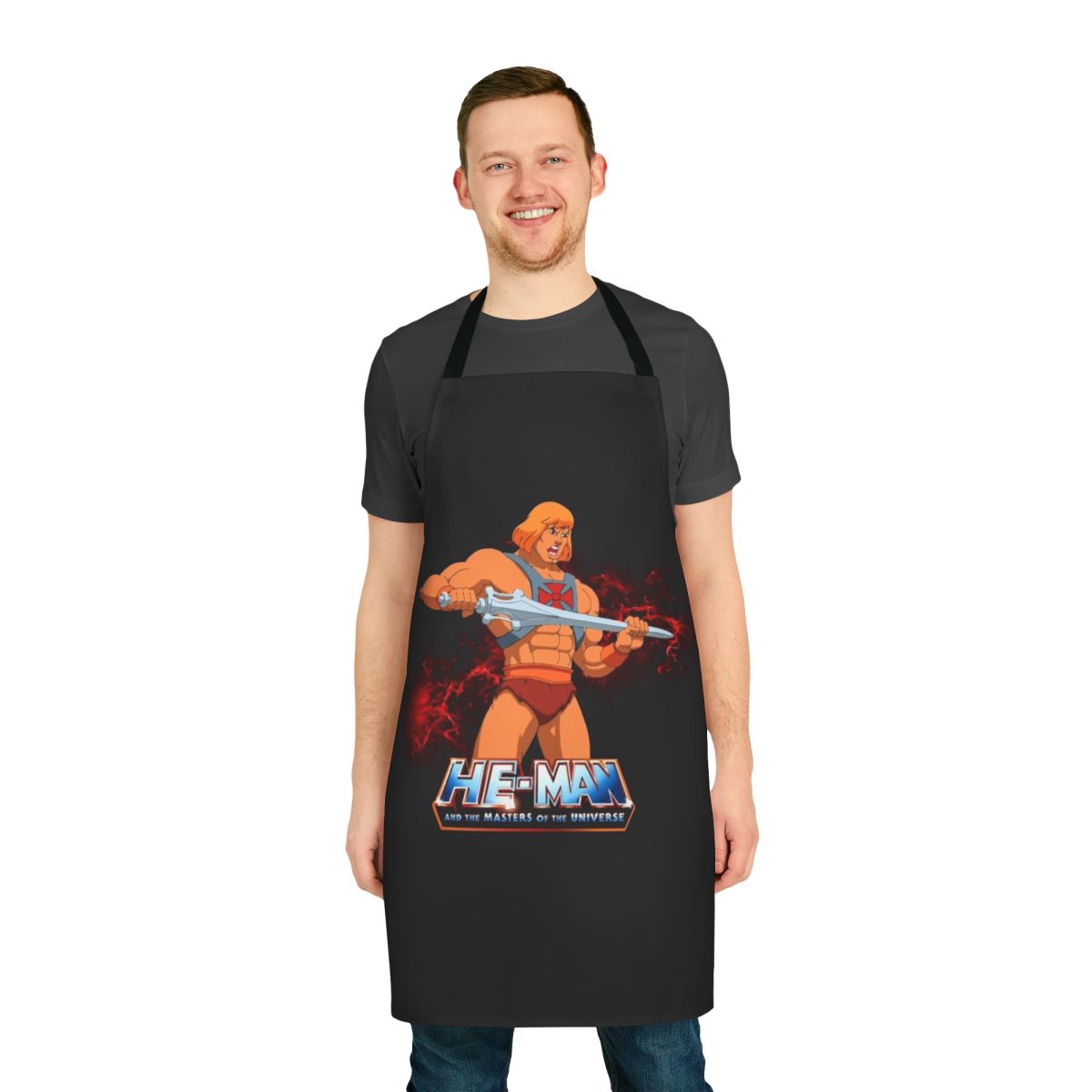 Vintage-style apron featuring characters from the popular 1980s cartoon "He-Man and the Masters of the Universe"