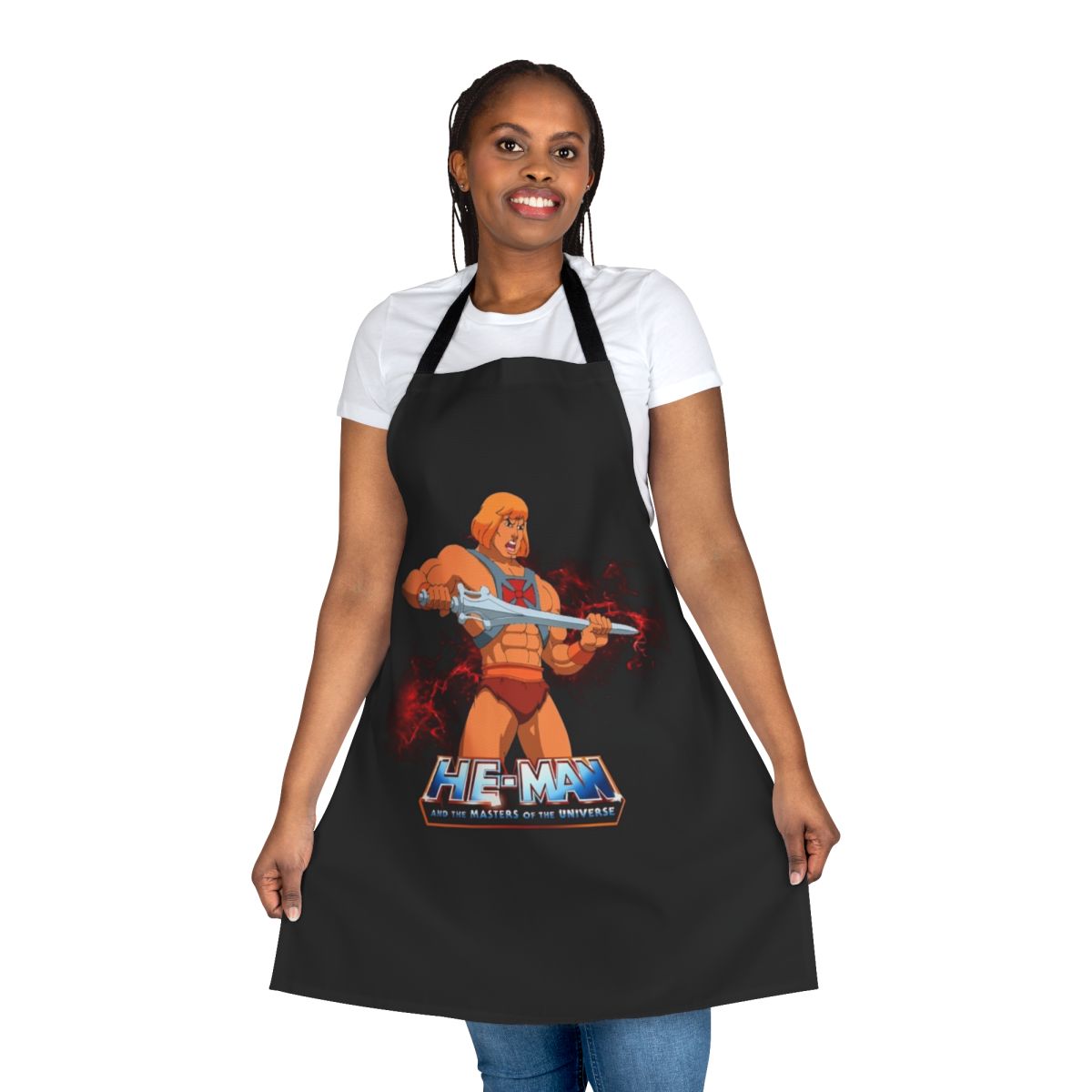 Vintage-style apron featuring characters from the popular 1980s cartoon "He-Man and the Masters of the Universe"